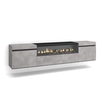 Afbeelding van Skraut Home tv kast, bank, grote opbergruimte, 200 x 45 35 cm, voor tv&#039;s tot 80 inch, elektrische open haard, hangend, wandmontage, moderne stijl, cement