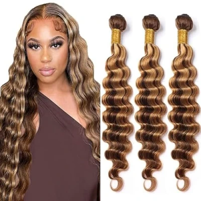 Afbeelding van Tuheerst Cheveux Humains Brésiliens Réels Tissage Naturels Femme Deep Wave Bundles Human Hair P427 Highlight Blonde Remy 22 Pouce