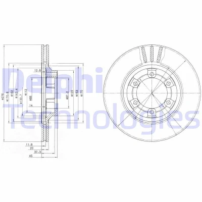Afbeelding van DELPHI Remschijf MITSUBISHI: PAJERO 1 276mm 20mm 6 Geventileerd BG2558 MB366466 Remschijven