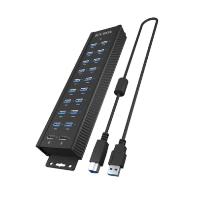 Afbeelding van ICY BOX USB 3.2 Gen 1 hub met 20 poorten 12V/3A voeding, aluminium behuizing en 2 oplaadpoorten, model IB HUB1720 U3