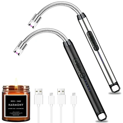 Afbeelding van Tonsooze 2 stuks elektrische aansteker, kaarsaansteker, oplaadbaar, USB, vlamloos, met led batterijweergave, lang, flexibel, 360 graden, barbecue, keuken, fornuis camping
