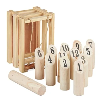Afbeelding van Relaxdays kubb met cijfers houten kist finse versie volwassenen kinderen blokkenspel buiten