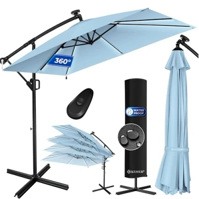 Afbeelding van KESSER® Parasol déporté Holly rectangulaire à LED solaire avec housse + Protection contre le vent manivelle support UV Aluminium Imperméable Diamètre 350 cm