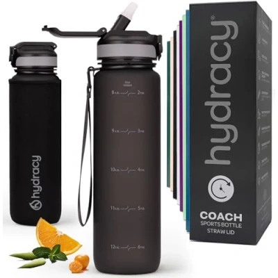 Afbeelding van Hydracy Water Bottle with Times to Drink &amp; Straw Large 1 Litre BPA Free Motivational No Sweat Sleeve Leak Proof Gym Time Marker Ideal for Fitness, Sports Outdoors