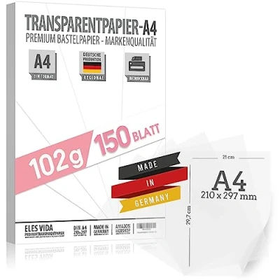 Afbeelding van transparant papier, 150 vellen 102 g/m², A4 in 29,7 x 42 cm, millimeterpapier voor inkjet en laserprinter om te knutselen als geschenk