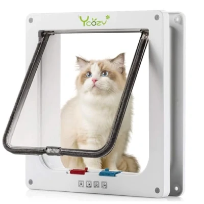 Afbeelding van Ycozy Kattenluik, kattenklep binnendeur met 4 weg draaibaar slot voor katten, honden, eenvoudig te installeren en gebruiken (buitenmaat 30 x 25 cm)