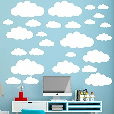 Afbeelding van Witte wolkensticker, 31 stuks, vinyl muurstickers voor kinderkamer, wolken, wit, gemengde grootte