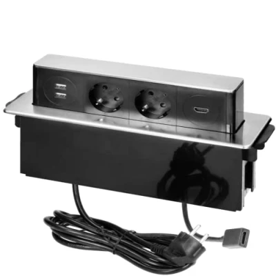 Afbeelding van ORNO OR GM 9016(GS)/B G Intrekbare stekkerdoos 2 voudig met USB ed HDMI poorten, 3680 W, klaar voor aansluiting m kabel, Schuko kleur: zwart en zilver