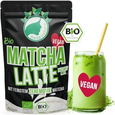 Afbeelding van NanaNatura Veganistisch biologisch matcha latte instant poeder met echte Japanse ceremoniële matcha, 250 g, warm of koud (als ijsmatcha), glutenvrij