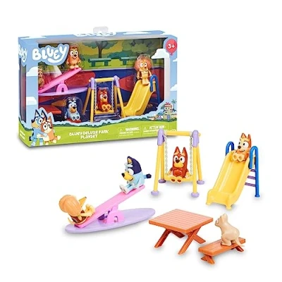 Image de BLUEY BLY51000 parc, Playset de jeux avec 5 figurines des personnages la série et accessoires du balançoire, toboggan, balancelle table pique nique, pour garçons filles à partir 3