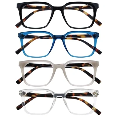 Image de OPULIZE KOI Lunettes de Lecture 4 Pack Grand Cadre Rectangulaire Noir Bleu Gris Lumineux Homme Femme Charnières à Ressort RRRR50 137C +2.50