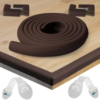 Afbeelding van HAPPY CHLEA® Hoek en randbescherming voor baby&#039;s. 2,4 m totale afdekking met hoekbeschermers 4 hoekbeschermers. Active Foam technologie + 2 ladeblokken. Kinderbeveiliging