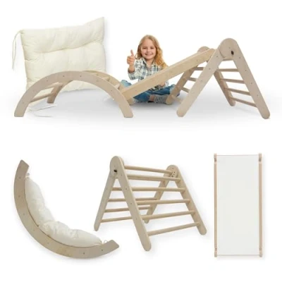 Afbeelding van MAMOI® 4 in 1 set: Montessori klimboog met kussens, klimframe, klimdriehoek, binnenspeelplaats en kinderglijbaan.