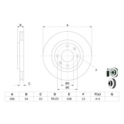 Afbeelding van BOSCH 0 986 478 618 Remschijf 266 22 4 108 Geventileerd, interne ventilatie Gecoat CITROËN: C3 III Box Body / Hatchback, Pluriel, DS3 Hatchback
