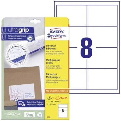 Afbeelding van Avery Zweckform 4782, Universele etiketten, Ultragrip, wit, 25+5 vel, 8 per 97 x 67,7 mm etiket