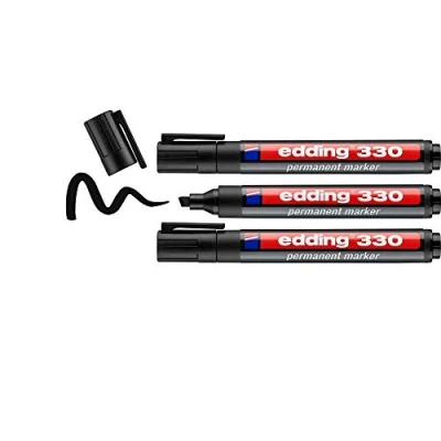 Afbeelding van edding 330 permanente markers, zwart, 3 stiften, wigpunt 1 5 mm, sneldrogend, water en slijtvast, voor karton, kunststof, hout, metaal, glas