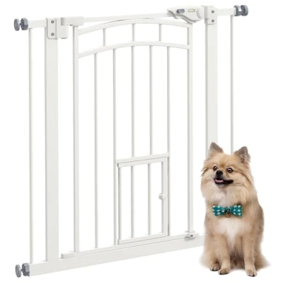 Afbeelding van PawHut Veiligheidshek voor honden, traphekje met druk zonder boren, automatische sluiting, dubbel vergrendelingssysteem, 74 tot 80 cm, staal (wit, x 4 76 cm)
