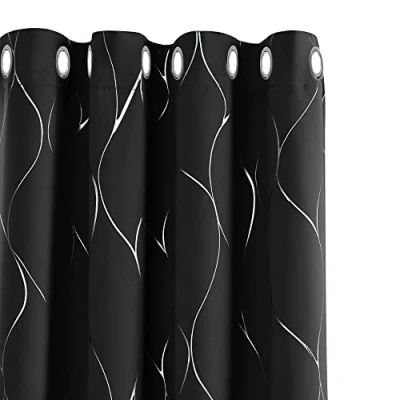 Afbeelding van Deconovo Set van 2 verduisteringsgordijnen, isolerend, tegen kou, met oogjes, zilverkleurig, Halloween, zwart, 140 x 245 cm, Chanbre gordijnen voor meisjes