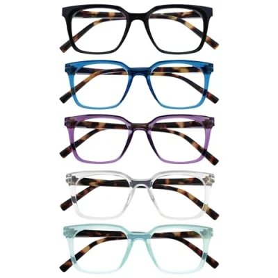 Image de OPULIZE KOI Lunettes de Lecture 5 Pack Grand Cadre Rectangulaire Noir Bleu Violet Clair Aqua Homme Femme Charnières Ressort RRRRR50 135CQ +1.50