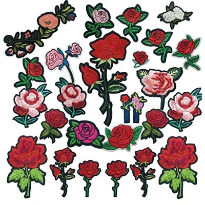 Afbeelding van Woohome Borduurwerk opstrijkbare patches, 25 stuks rozenbloemen om op te strijken Iron on patches voor handwerk, naaien, kleding