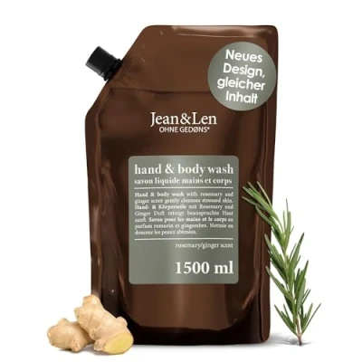 Image de Jean &amp; Len Recharge de savon liquide pour les mains et le corps Rosemary gingembre Nettoie nourrit la peau Parfum épicé frais Sans silicone, parabènes micro plastiques 1,5 l