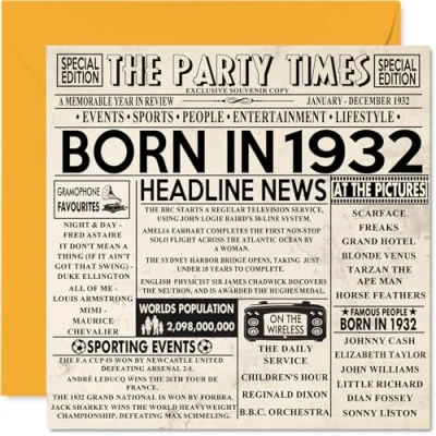 Afbeelding van 92e verjaardagskaarten voor mannen en vrouwen Born in Journal 1932 verjaardagskaart opa, oma, vintage retro back 1932, 145 mm x