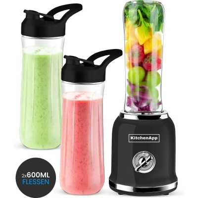 Afbeelding van KitchenApp blender to go Retro Smoothie maker Inclusief twee bekers en meerdere accessoires Zwart
