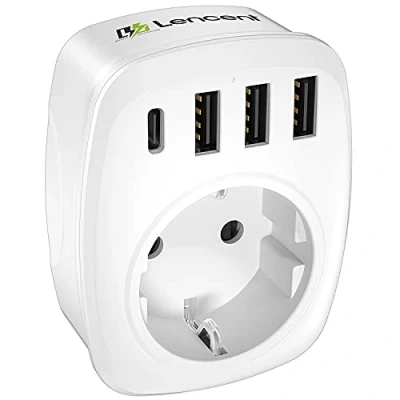 Afbeelding van LENCENT USB Aansluiting Multi Plug EU Adapter 5 in 1 Socket met 3 Laderaansluitingen 2,4 A type C poort Stopcontact Schuko 4000 W Voedingsadapter Kinderslot Wit
