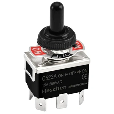 Afbeelding van Heschen Metalen tuimelschakelaar, C523A, DPDT, vastgehouden, aan/uit, 3 posities, 15 A, 250 VAC, 6 tabs terminal, CE, met waterdichte dop (1)