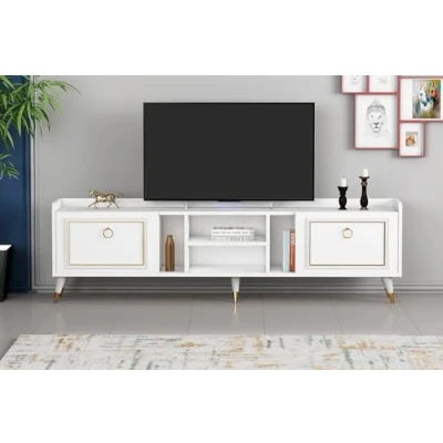 Afbeelding van Asir tv standaard. 100% GEMELAMINEERDE SPAANPLAAT. Dikte: 18 mm. Breedte: 180 cm Hoogte: 55 Diepte: 35 cm. Poothoogte: 15 Talrijke planken. Kan aan de muur worden bevestigd