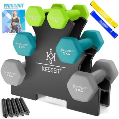 Afbeelding van KESSER® Dumbells Set 3 Paren Gewichten met Standaard verstelbare Dumbell Geschikt voor Krachttraining Halterset oefeningenboekje, 2x fitnessbanden, Lichtgroen / Petrolblauw Lichtgrijs 2 x (1+2+3)kg