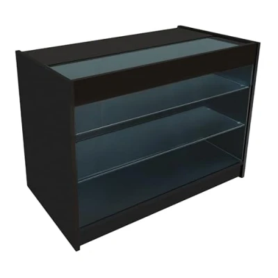 Afbeelding van Comptoir de Vente en MDF Noir LED Blancs Intégrés K1200 3 Étagères Portes Coulissantes Verouillables Rangement Commerciale Vitrine Verre Acceuil Réception Bureau Vêtements Bijoux [2 Clés INCLUS]