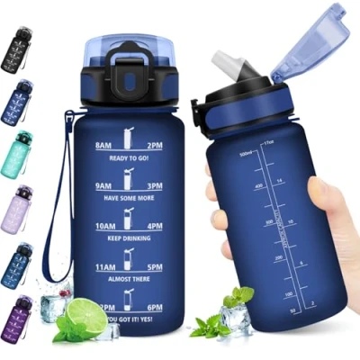 Afbeelding van KollyKolla Sportwaterfles voor kinderen, 500 ml, met motiverende tijdweergave, waterfles rietje, 1 klik open, school, fiets, sportschool