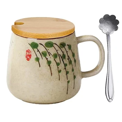 Afbeelding van koffiemok met deksel, keramische melkbeker cappuccino, mokken, aardewerk, 400 ml, Japanse de hand beschilderde waterkop, onderglazuur, grote capaciteit, ontbijtbeker