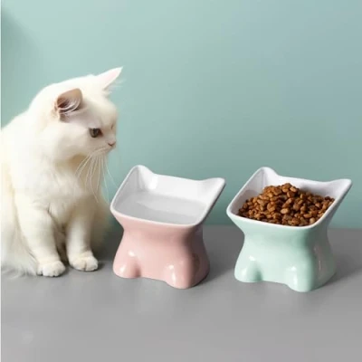 Afbeelding van Navaris 2x voerbak kat set 120ml per stuk Verhoogd design Vaatwasserbestendig In groen/oranje