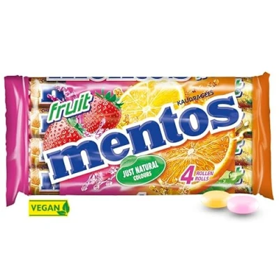 Afbeelding van mentos set van 4 fruitrollen zachte en knapperige snoep, 3 verschillende smaken aardbei, sinaasappel, citroen klassieke rollen om te delen 2 verpakkingen