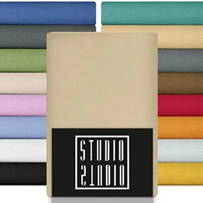 Afbeelding van STUDIO Basic Hoeslakens, set van 2, 90 x 200 cm, 100% gekamd katoen, Oeko Tex 100 gecertificeerd, merkkwaliteit, bedlaken, 200, tot 25 cm hoogte, crèmekleurig