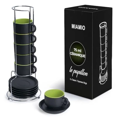 Afbeelding van MIAMIO 6 x 75 ml aardewerk espresso mok / mokken set zwarte buitenkant kleurrijke binnenkant Le Papillon Collectie