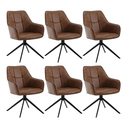 Afbeelding van WOLTU EZS10hbr 6 Set van draaibare eetkamerstoelen met armleuningen, vintage kunstleer, metalen poten, lichtbruin