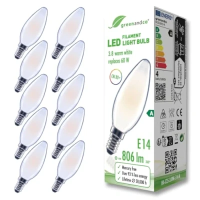 Afbeelding van greenandco 10 x matte led filamentlampen, E14 C35, 3,8 W, 806 lm, vervangt 60 2700 K, warmwit, 320 graden, 230 V, flikkervrij, energieklasse A, niet dimbaar