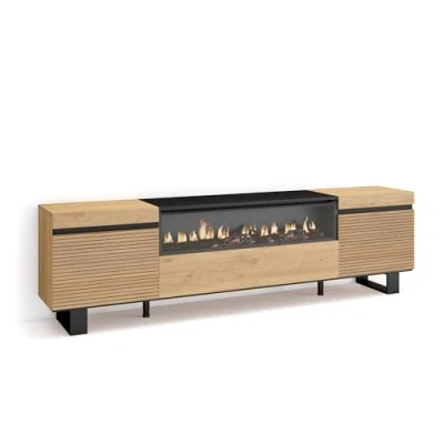Afbeelding van Skraut Home tv kast, bank, grote opbergruimte, 200 x 57 35 cm, voor tv&#039;s tot 80 inch, elektrische open haard, industrieel design, moderne stijl, eiken
