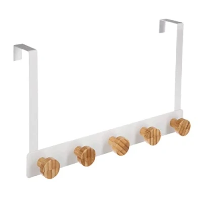 Afbeelding van 5Five Deur ophang kapstok met 5 ophanghaken/knoppen wit/beige B33 x H20 cm metaal/bamboe