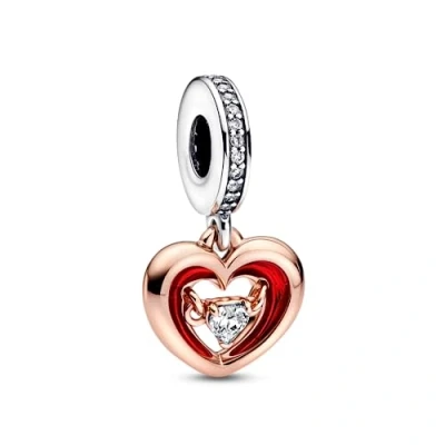 Afbeelding van Pandora Moments Bedel met stralend hart tweekleurig in sterling zilver en 14 karaats roségoud verguld metaal heldere Zirkonia rood email, E mail, Cubic