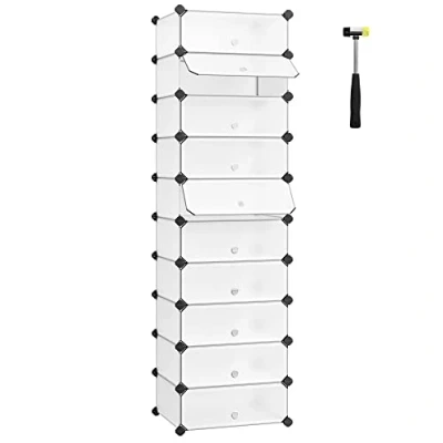 Image de SONGMICS Meuble À Chaussures avec 10 Compartiments, ÉtagÈre Modulable en Plastique, BoÎte chaussures, Porte, Maillet, Rangement, Blanc LPC10W