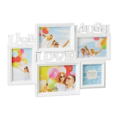 Afbeelding van relaxdays fotolijst Live Love Laugh collagelijst voor 5 foto‘s galerijlijst lijstjes wit