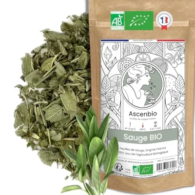 Image de Ascenbio ✿ Feuilles de Sauge séchées BIO France 100% PUR Tisane Maux Gorge, Irritation, Préférée du Roi Soleil 180g vrac Préparé et conditionné en Emballage biodégradable