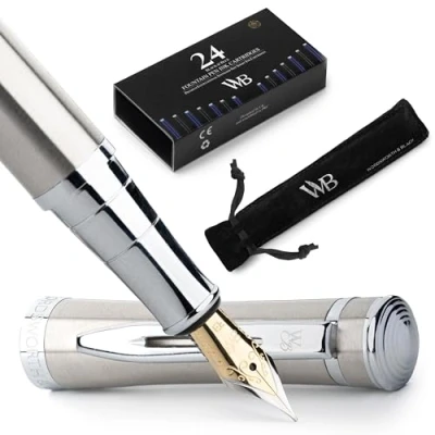 Afbeelding van Wordsworth &amp; Black Vulpenset, extra fijne punt, bevat 24 inktpatronen, inktvulconverter en geschenkzakje, verchroomde afwerking, kalligrafie, [chroom zilver]