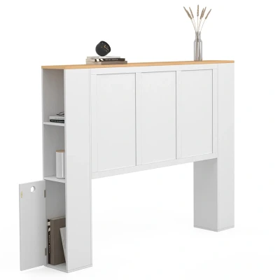 Image de Tête de lit sur pied VITO 145 cm avec rangements blanc et plateau bois