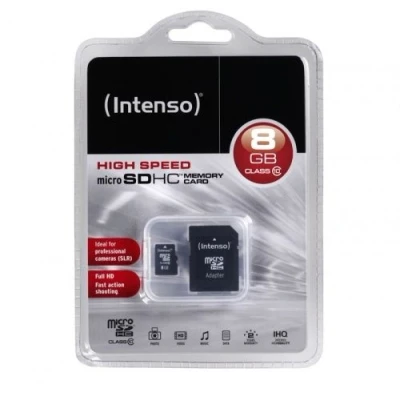 Afbeelding van Intenso microSDHC kaart 8 GB, klasse 10 (R) 25 MB/s, (W) SD adapter, blisterverpakking