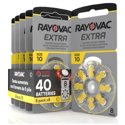 Afbeelding van 40 Rayovac Extra 10 Hearing Aid Batteries. Costant Power Technology 5 blisters met 8 batterijen